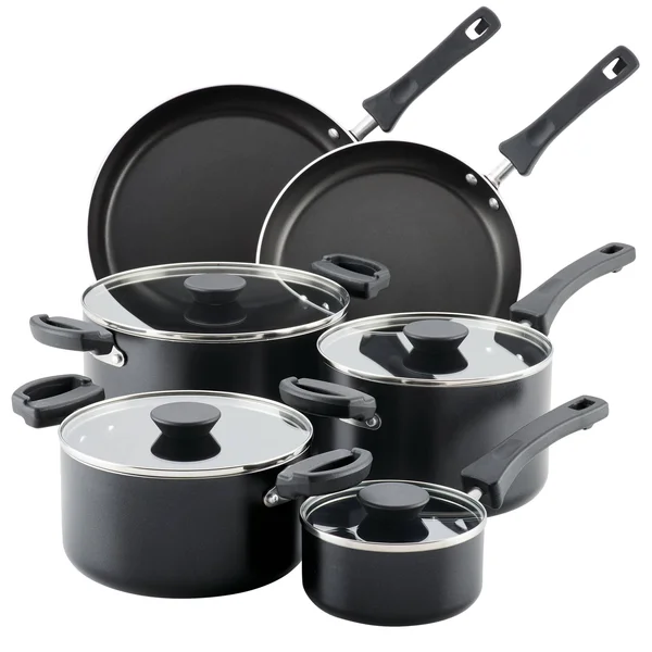 Farberware Neat Nest 10 Pieces Space Saving Aluminum Nonstick Cookware Set, Black
