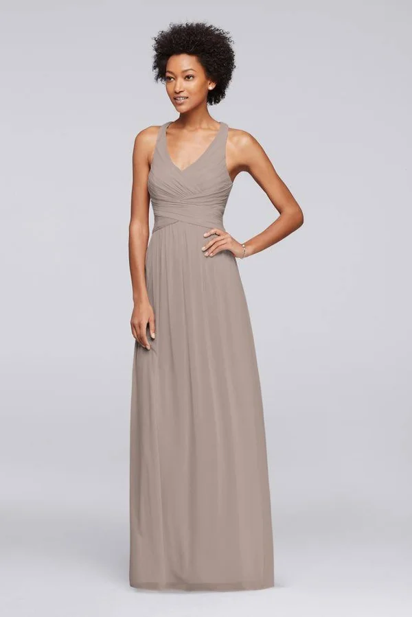 David&s Bridal Mesh Long Bridesmaid Dress with Crisscross Back - Biscotti, 0