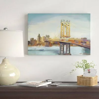 &Sunny Manhattan Bridge& Print East Urban Home Format: Wrapped Canvas, Matte Color: No Matte, Size: 12x22 H x 18x22 W