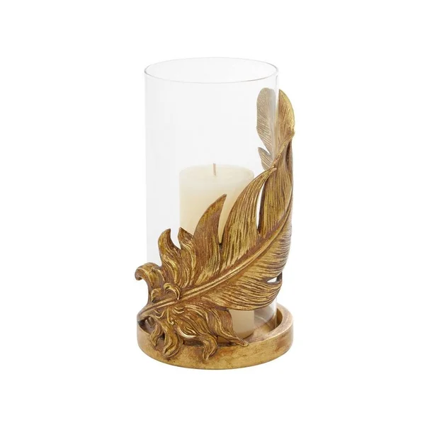 Large Metallic Gold Feather Candle Holder with Hurricane Glass