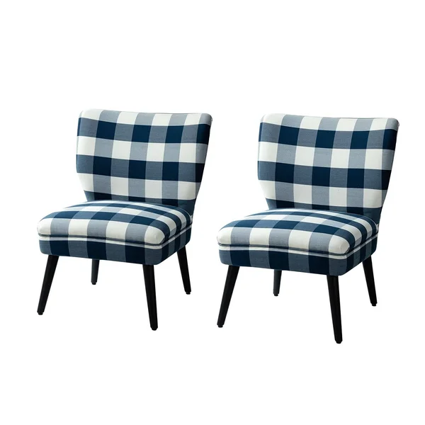 Cande Buffalo Plaid Side Chair with Black Base, Set of 2 - Indigo