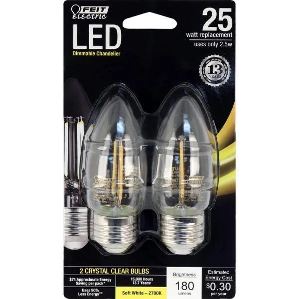 Feit Electric 25-Watt Equivalent (2700K) B10 Dimmable Filament LED Clear Glass Light Bulb - Soft White (12-Pack)