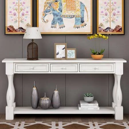 Wood Console Table Sofa Table with Drawers and Shelf Living Room Furniture-White, Size: 163X38X76CM