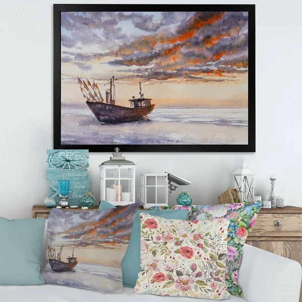 Designart &Wooden Fishing Boat on The Baltic Shore& Nautical & Coastal Framed Art Print - 32 in. Wide x 24 in. High - Black
