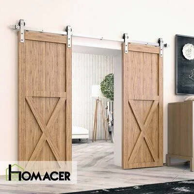 Stainless Brushed Nickel Steel Standard Double Barn Door Hardware Kit Homacer Track Length: 108 in.