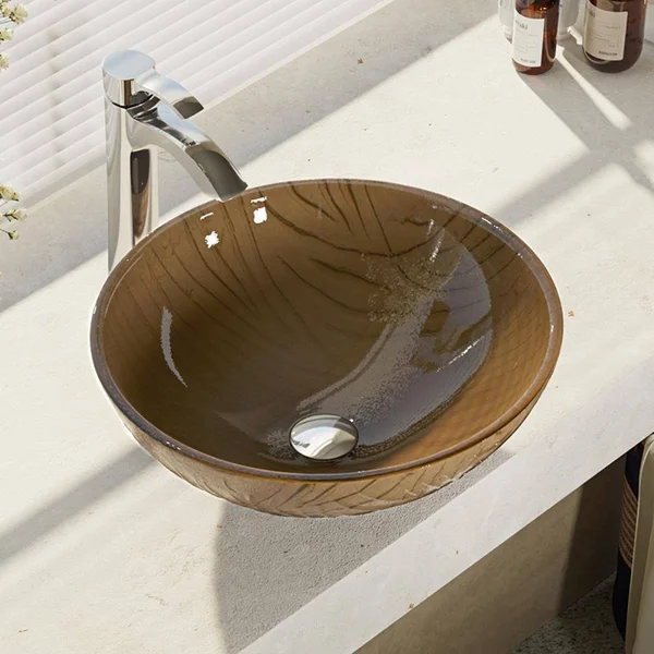 Rene R5-5025-R9-7006 16-5/8x22 Glass Vessel Bathroom Sink with Vessel Faucet Sink Beach Sand, Chrome