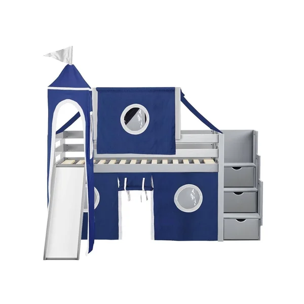 Jackpot Castle Low Loft Twin Stairway Bed with Slide Blue & White Tent and Tower - Gray