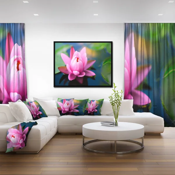 Designart 'Large Lotus Flower in The Pond' Floral Framed Canvas Art Print - 32 in. Wide x 16 in. High - White