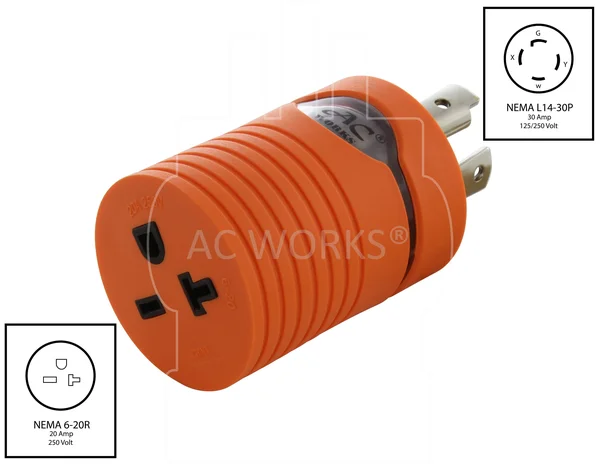 AC Works L14-30P 30Amp 4-Prong Locking Plug to NEMA 6-20R 250-Volt Female Connector (Compact)