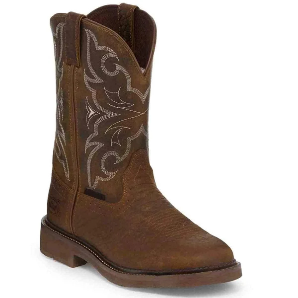 Justin St Work Boot RD Toe Choc Safety Steel Toe, Round Toe, 11 inch Beige Embossed Cowhide Upper, Chocolate tomboni foot, Stamp