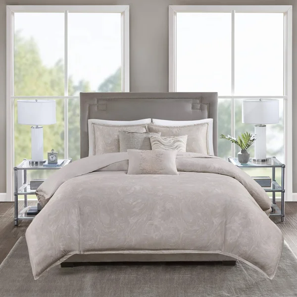 Madison Park Emory 6 Piece Cotton Sateen Duvet Cover Set, King/Cal King, Rose Gold/Beige