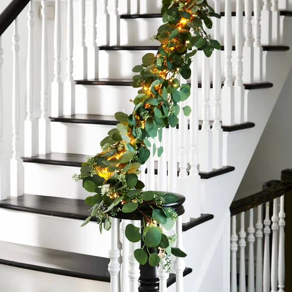 Eucalyptus Garland with Lights - 6 ft, Battery Operated, 120 Warm White LED Lights, Artificial Leaves with Seeded Flower Bunches
