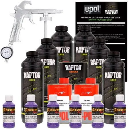 Custom Shop U-POL Raptor Bright Silver Urethane Spray-On Truck Bed Liner Kit w/ Free Custom Coat Spray Gun with Regulator - 6 Lit