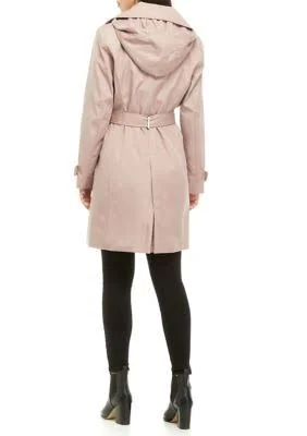 Calvin Klein Women's Single Breasted Belted Rain Jacket with Removable Hood, Rosewood, Medium