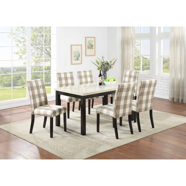 Beige Grid Patterned Fabric Upholstered Side Chairs, Set of 2