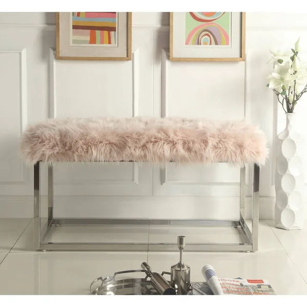 Inspired Home Degas Faux Fur Ottoman Bench with Metal Frame - White/Chrome