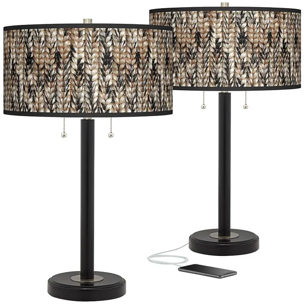 Giclee Glow Braided Jute Arturo Black Bronze USB Table Lamps Set of 2 - Brown