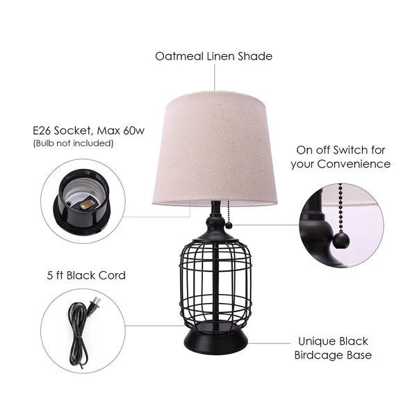 Merra 18 in. Black Cage Table Lamp with Oatmeal Linen Shade