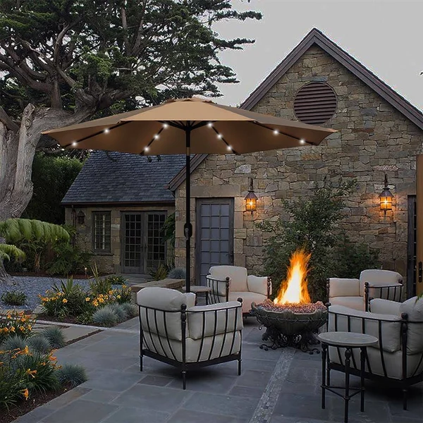 Maypex 9 ft. Steel Market Crank and Tilt Round Solar Light Patio Umbrella in Tan