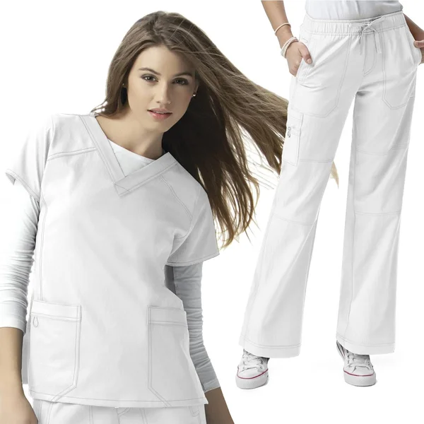 WonderWink Four Stretch Women's Sporty V-Neck Top & Cargo Pant Scrubs Set(WHITE Xs P)