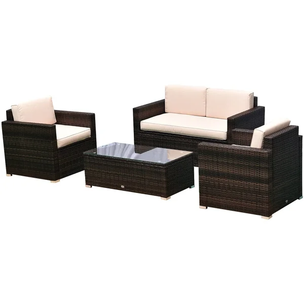 Outsunny 4-Piece Cushioned Patio Furniture Set - with 2 Chairs, Sectional, and Glass Coffee Table, Rattan Wicker, Brown