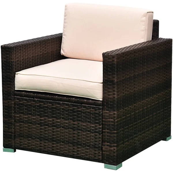 Outsunny 4-Piece Cushioned Patio Furniture Set - with 2 Chairs, Sectional, and Glass Coffee Table, Rattan Wicker, Brown