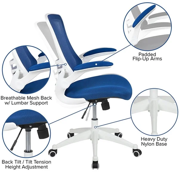Offex Mid Back Mesh Swivel Ergonomic Task Office Chair with White Frame and Flip Up Arms - Blue