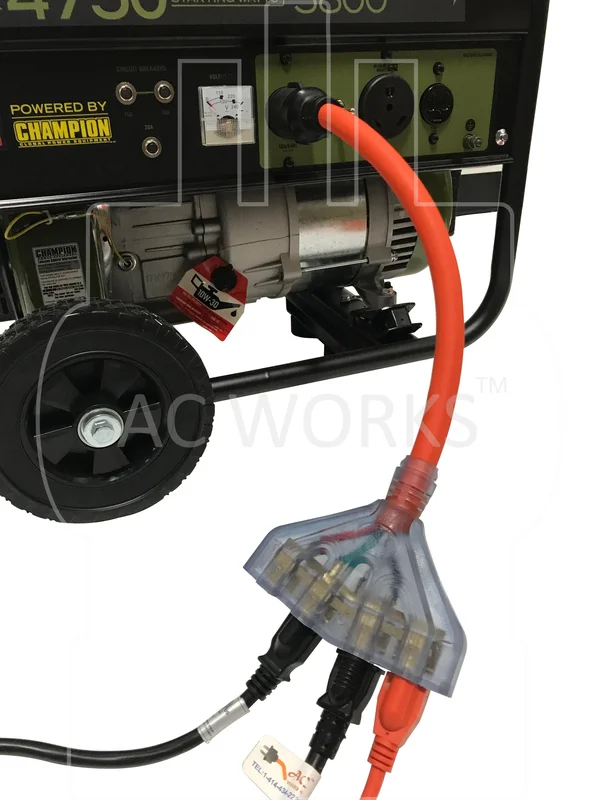 AC Works L1430F520-025 25ft 10/4 Stow 30 Amp 125/250-Volt 4-prong L14-30P Generator Plug to (4) 15/20 Amp Household Connector Ge