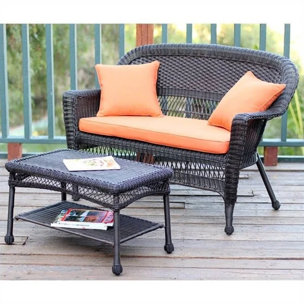 Jeco W00201-LCS016 Espresso Wicker Patio Love Seat and Coffee Table Set with Orange Cushion