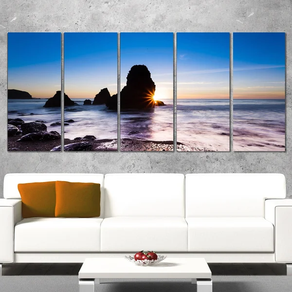 Design Art 'Sunset at Rodeo Beach Panorama' Photographic Print on Wrapped Canvas, Size: 28 inch x 60 inch, Blue