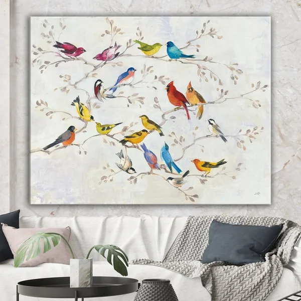 Designart &Multi-Color Bird on Tree& Modern Farmhouse Canvas Art - Multi-Color 32 in. Wide x 24 in. High