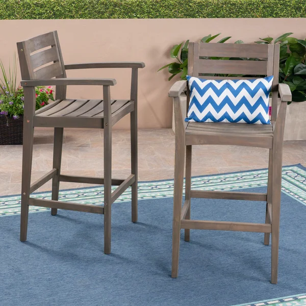 Lera Outdoor Rustic Acacia Wood Barstool (Set of 2) Gray