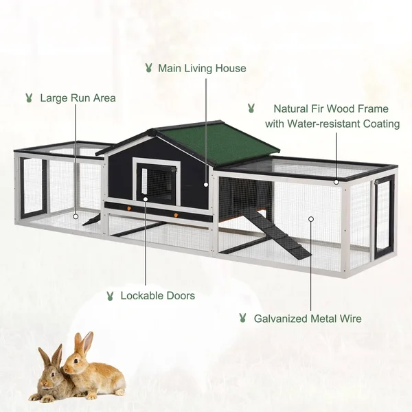PawHut 2-Story Large Wooden Rabbit Hutch Pet House with Ramps, Lockable Doors, Run Area and Asphalt Roof for Outdoor Use