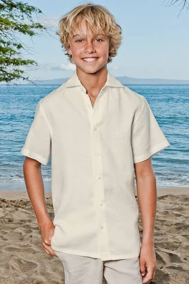 Boy's Linen Short Sleeve Italian Shirt - Ivory - Beach Wedding