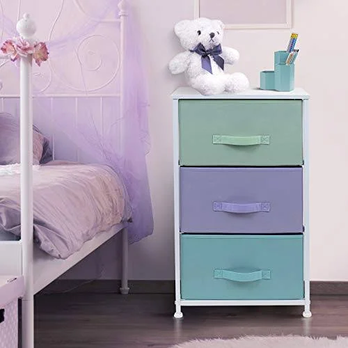 Nightstand with 3 Drawers - Bedside Furniture, Steel Frame, Wood Top, Easy Pull Fabric Bins, Pastel/white
