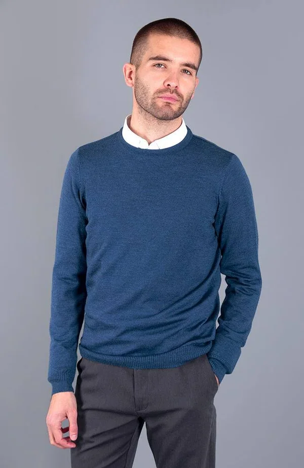 Mens Extra Fine Merino Wool Crew Neck Jumper, Indigo, S