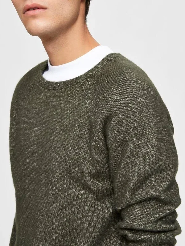 Selected Homme - Plain Crew Neck Knitted Jumper - Male - XL - Green - Acrylic/Cotton/Wool