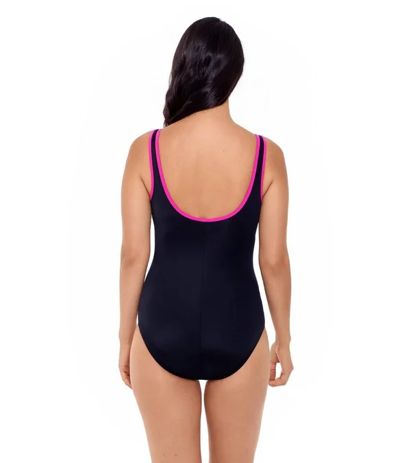 Reebok 782028 Zig Zag 2.0 Shirred Zip Front One Piece Swimsuit - Pink