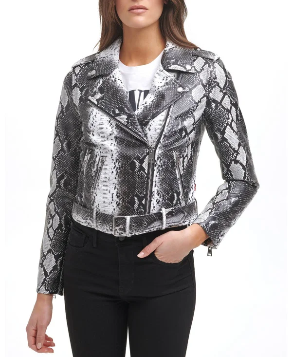 Levi&s Plus Size Faux Leather Belted Motorcycle Jacket - Black/White Snake - Size 3X