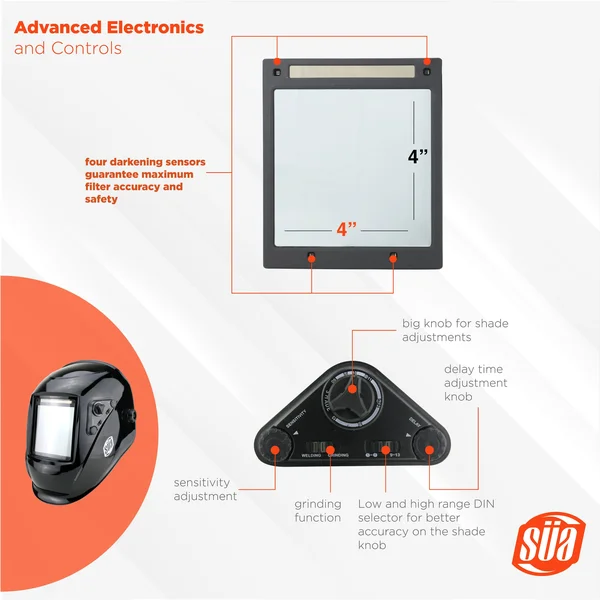 Sa Welding Helmet - Model: Vector - Auto Darkening - Largest Viewing Area: 4 inch x 4 inch - Photovoltaic Powered - Ergonomic He