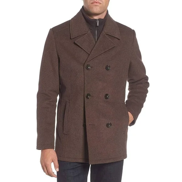 Kenneth Cole Men's Double Breasted Wool Blend Peacoat with Bib - Medium Brown
