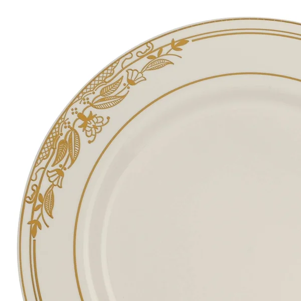 120 Plates, 10.25x22 White with Pink and Gold Harmony Rim Plastic Dinner Plates