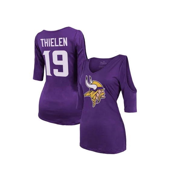 Adam Thielen Minnesota Vikings Majestic Threads Women's Player Name & Number Cold Shoulder Half-Sleeve V-Neck T-Shirt - Purp