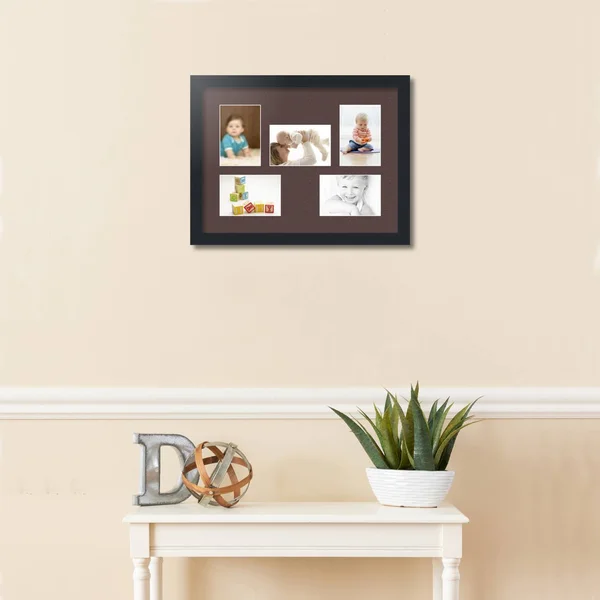 Collage Picture Frame, Satin Black Frame with 5 openings for 4x6 Photos with Brown Peat Mat. D3926DN322, ArtToFrames