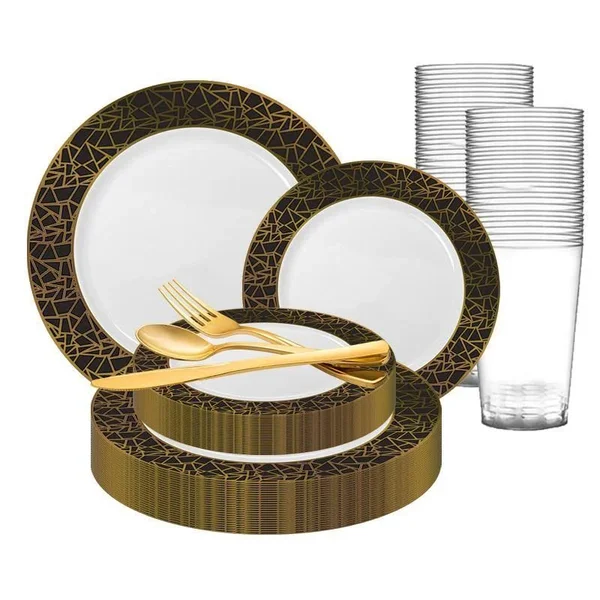 20 Settings, White with Black and Gold Mosaic Rim Round Plastic Wedding Value Set