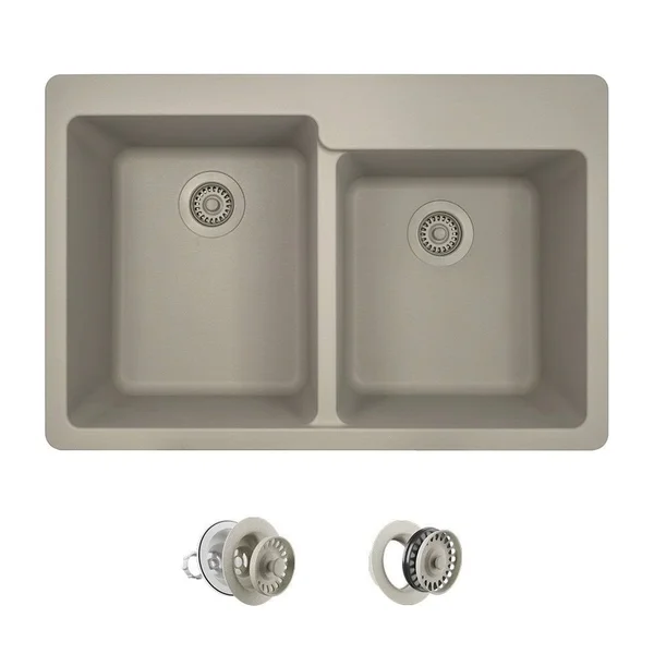 Quartz Granite 33x22 L x 22x22 W Double Basin Drop-in Kitchen Sink with STRAINER Mr Direct Finish: Slate