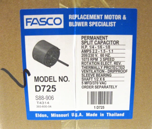 Fasco Air Handler Fan Motor D725 1/4 HP 1075 RPM 230 Volts