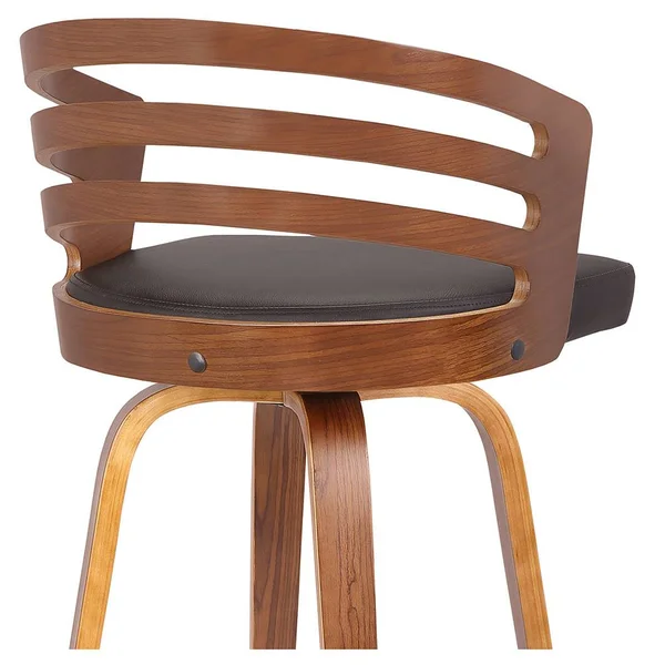 30x22 Jayden Mid-Century Swivel Bar Height Barstool in Brown Faux Leather with Walnut Veneer - Armen Living