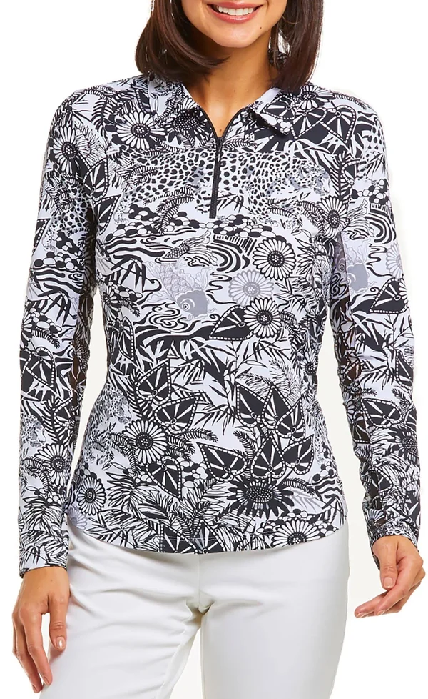 IBKUL Women's Bamboo Garden Print Long Sleeve Polo - 41749