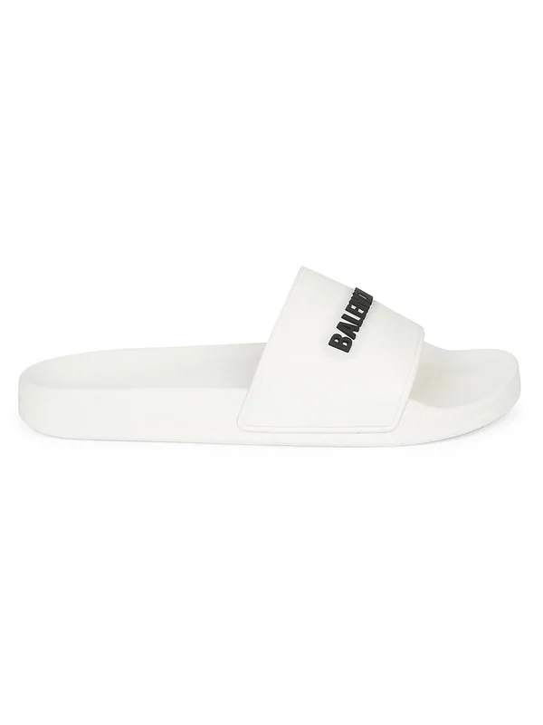 Balenciaga Logo Pool Slide Sandals, White, Women's, 41EU, Sandals Slides